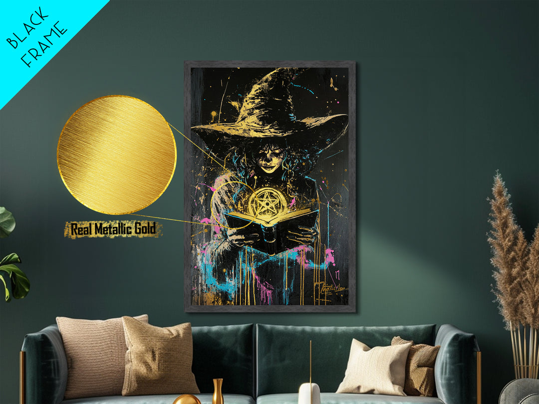 Witchy Spell Book Metallic Gold Art Metal Art | Spooky Halloween Wall Decor Framed In Real Wood For Gothic Home Style