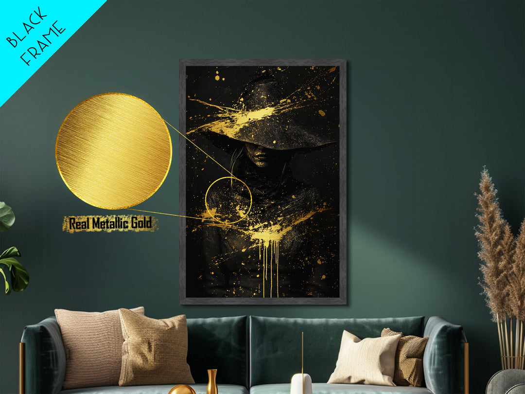 Haunted Witch Portrait Metal Art Metallic Gold Art | Creepy Halloween Wall Hanging With Natural Wood Frame