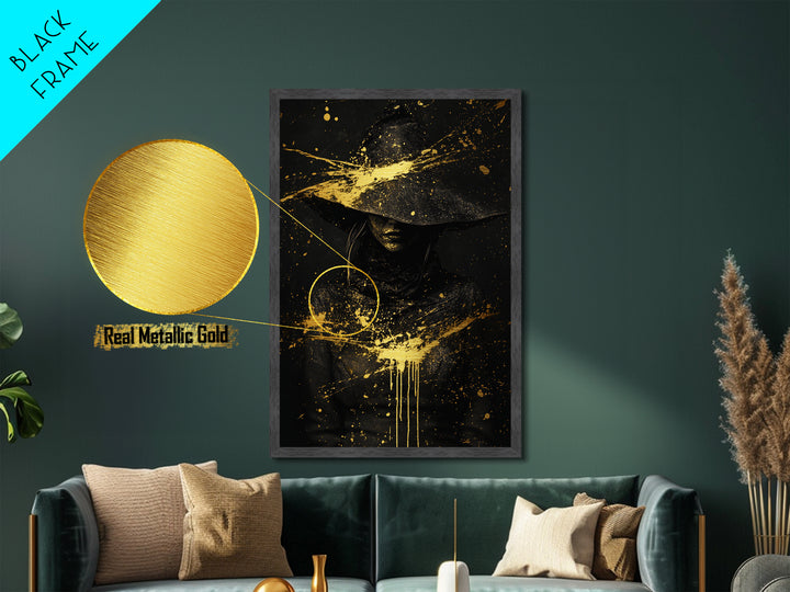 Haunted Witch Portrait Metal Art Metallic Gold Art | Creepy Halloween Wall Hanging With Natural Wood Frame
