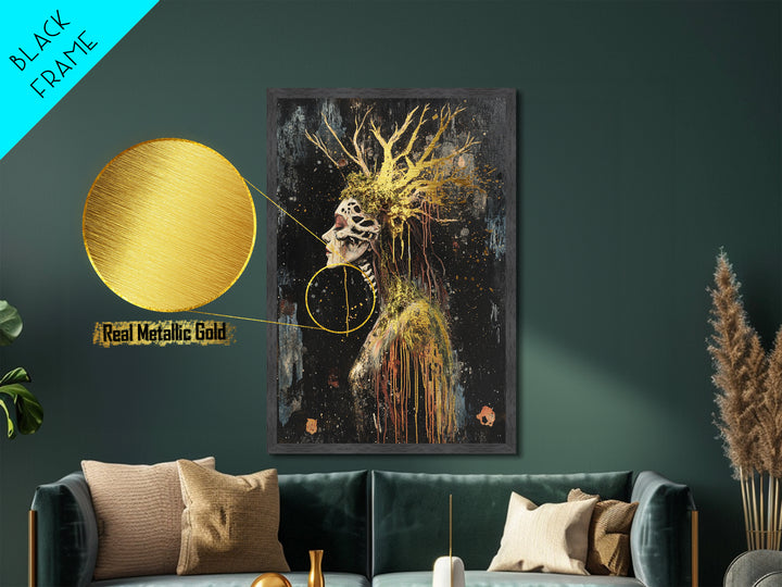 Skeleton Forest Queen Metallic Gold Art Metal Art | Gothic Halloween Decor With Real Wood Framing For Spooky Season