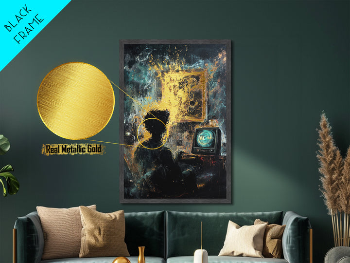 Haunted Screen Glow Metallic Gold Art Metal Art | Spooky Season Wall Hanging In Real Wood Frame For Halloween Home