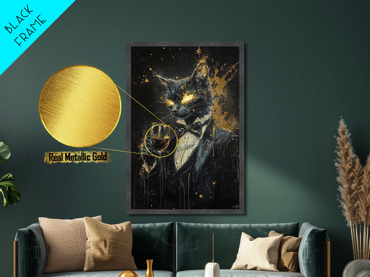 Black Cat Gentleman Metallic Gold Art, Spooky Gothic Metal Art Halloween Wall Decor, Horror Painting with Wooden Frame