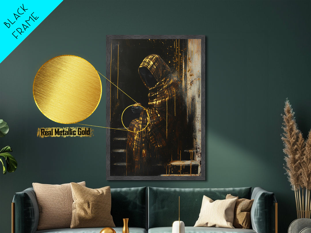 Haunted Hooded Figure Metallic Gold Art, Gothic Horror Metal Art with Pumpkin Bun, Framed in Real Wood for Spooky Halloween Decor