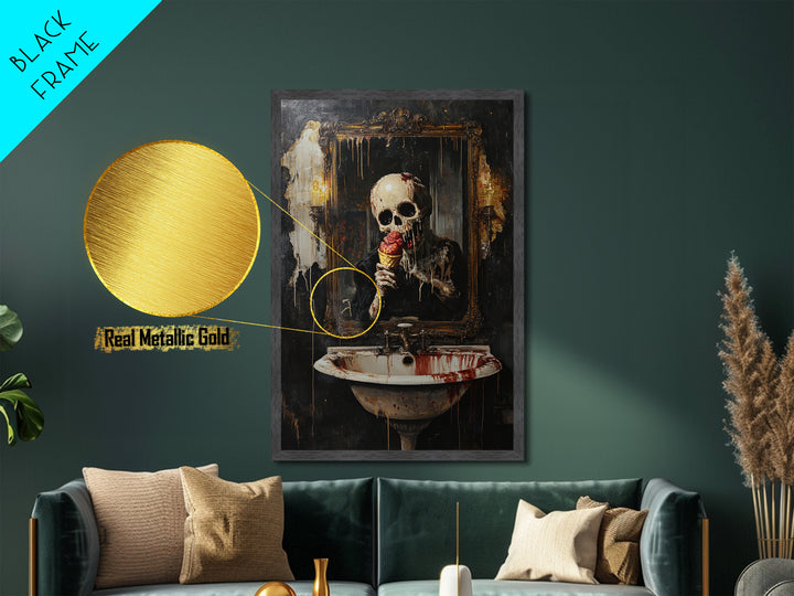 Skeleton Eating Ice Cream Metallic Gold Art, Creepy Gothic Metal Art Wall Hanging, Halloween Horror Artwork in Real Wood Frame