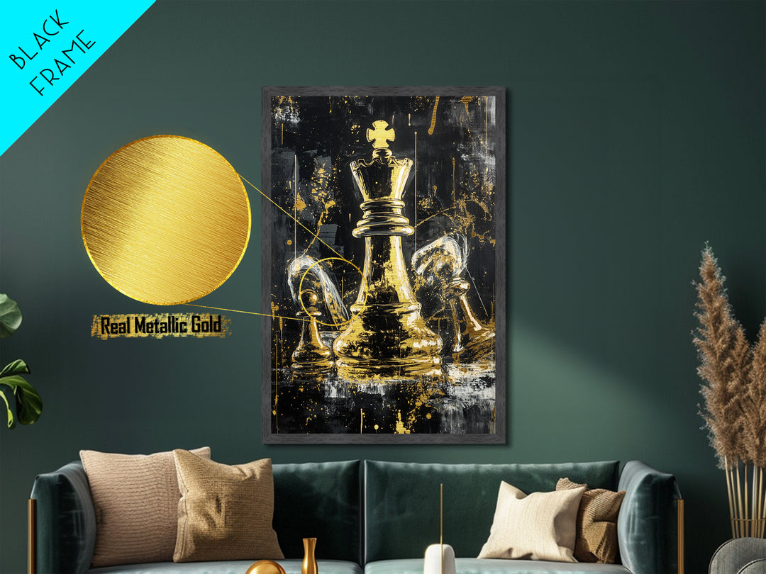 Haunted Chess King Metallic Gold Art, Gothic Horror Metal Art for Halloween Game Room, Creepy Wall Decor with Natural Wood Frame