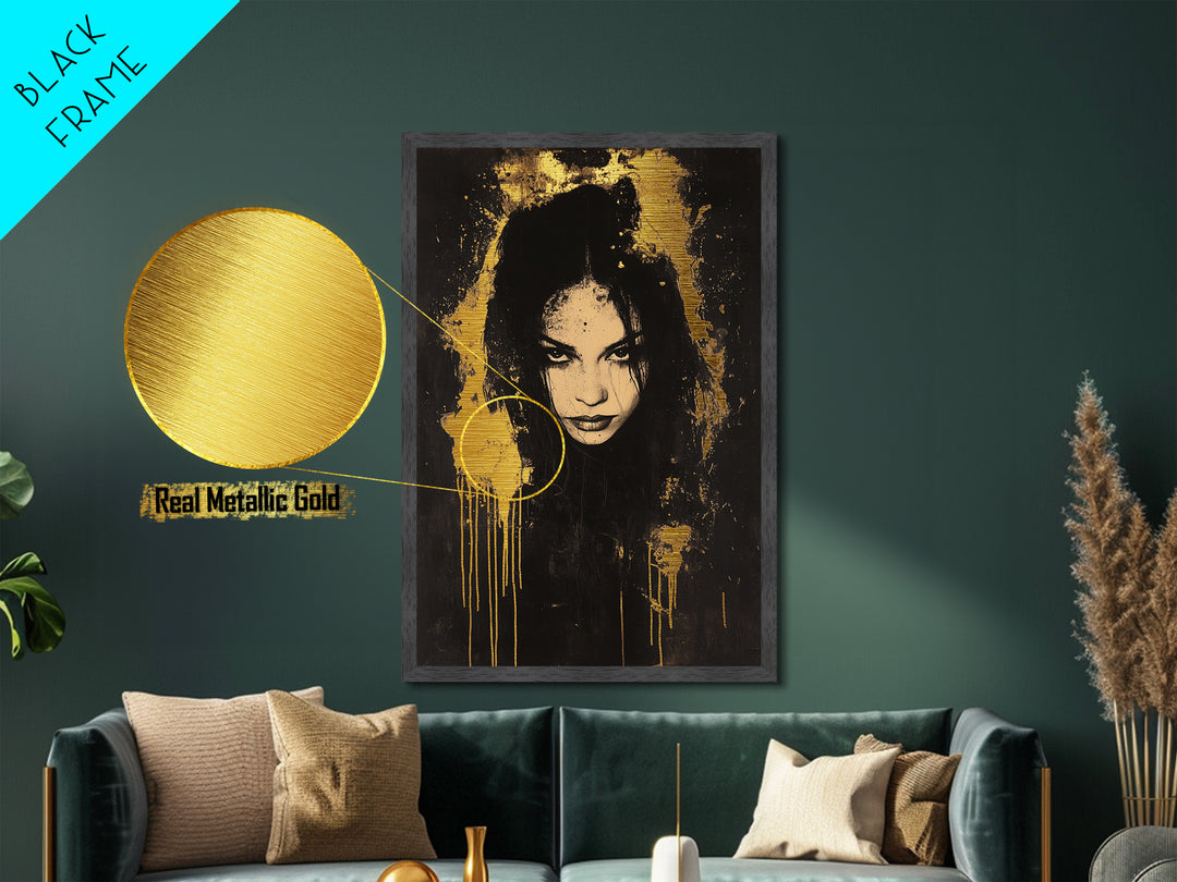 Haunted Woman’s Face Metallic Gold Art, Gothic Spooky Metal Art, Halloween Horror Wall Hanging in Real Wood Frame