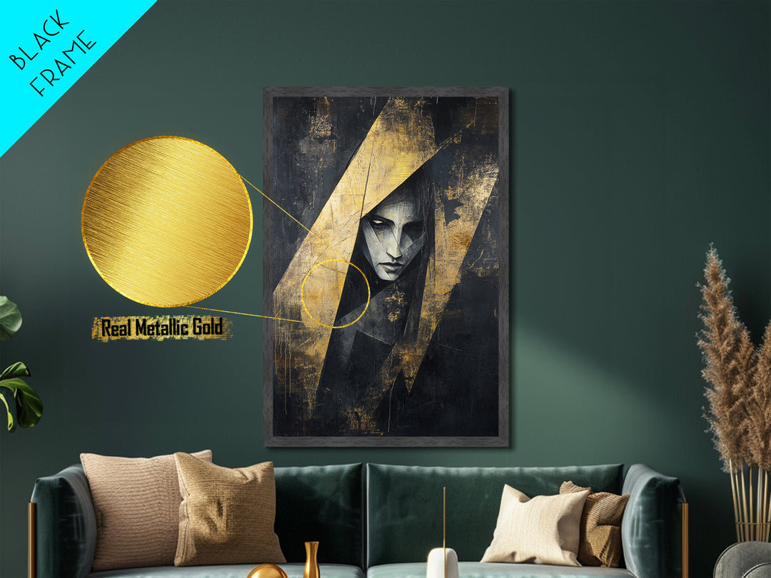 Witch Hat Woman Metallic Gold Art, Vibrant Spooky Season Metal Art Painting, Gothic Halloween Horror Artwork in Real Wood Frame