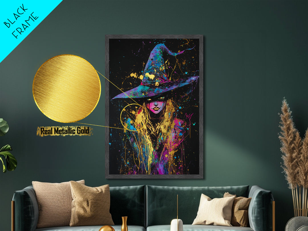 Rainbow Witch Graffiti Art, Metallic Gold Art, Metal Gold Print, Wood Framed Halloween Wall Art