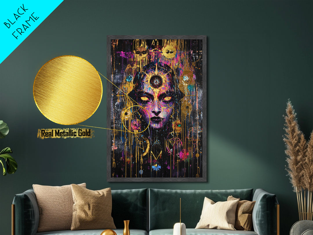 Occult Sorceress Metallic Gold Art, Creepy Psychedelic Face Wall Decor Metal Art, Witchy Halloween Design With Real Wood Frame
