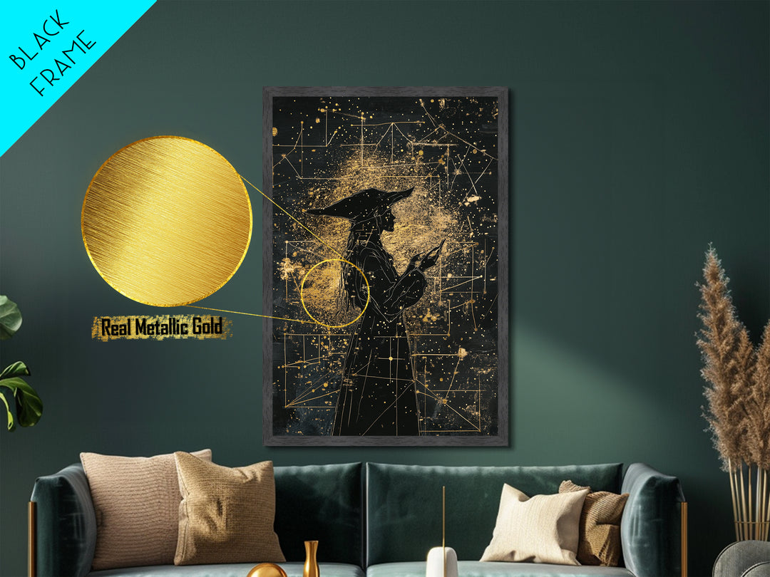 Celestial Witch Metallic Gold Art, Haunted Astrology Wall Decor Metal Art, Spooky Halloween Artwork Framed With Real Wood