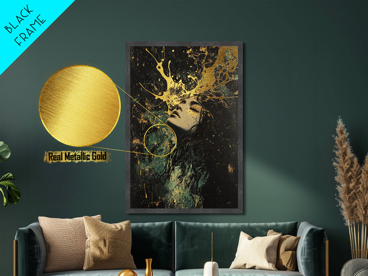 Floral Crown Witch Portrait Metallic Gold Art, Haunted Season Metal Art, Gothic Wall Painting with Natural Wood Frame
