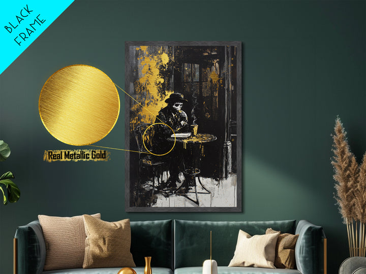 Haunted Café Skeleton Metallic Gold Art, Creepy Gothic Coffee Scene Metal Art, Halloween Wall Decor With Real Wood Frame