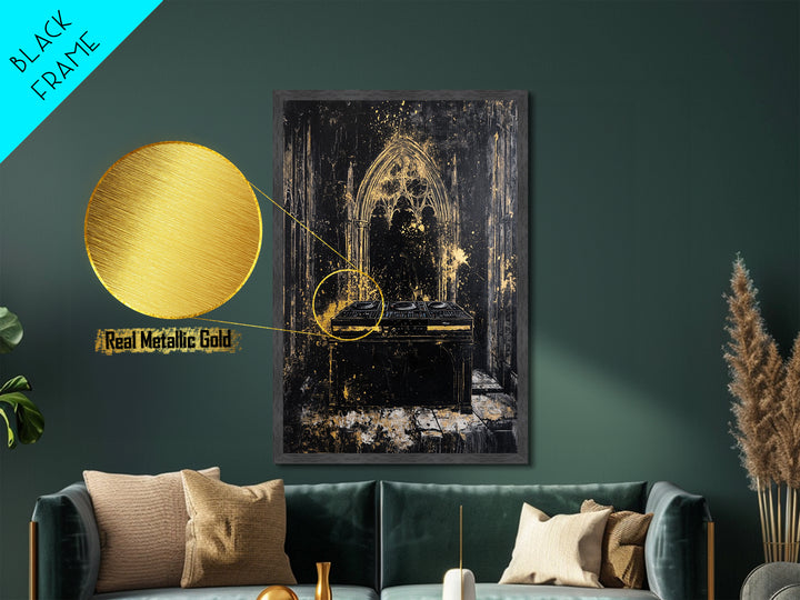 Cathedral DJ Metallic Gold Art, Gothic Haunted Music Scene Metal Art, Spooky Halloween Wall Decor Framed In Real Wood