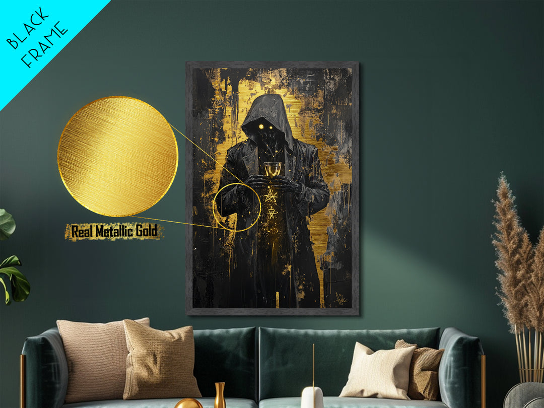Dark Hooded Figure Metallic Gold Art, Spooky Gothic Horror Portrait Metal Art, Halloween Wall Decor In Real Wood Frame