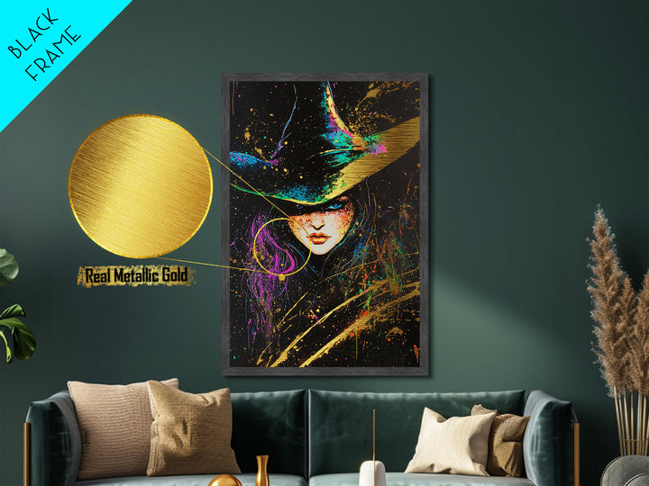 Witchy Woman Halloween Portrait Metallic Gold Art Metal Art With Gothic Spooky Style Framed In Natural Real Wood