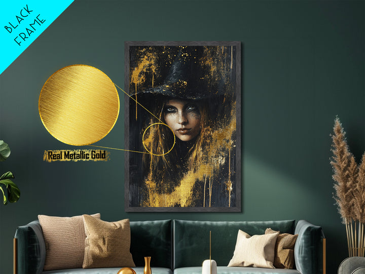 Haunted Golden Witch Metallic Gold Art Metal Art For Halloween Gothic Home Decor With Real Wood Frame