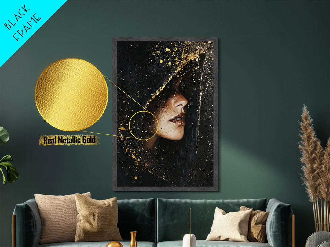 Spooky Hooded Sorceress Side Profile Metallic Gold Art Metal Art Gothic Halloween Artwork In A Real Wood Frame