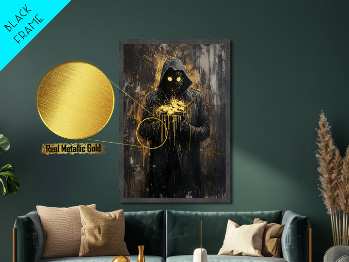 Creepy Hooded Figure Holding Eggs Metallic Gold Art Metal Art Haunted Spooky Season Wall Decor With Natural Wood Frame