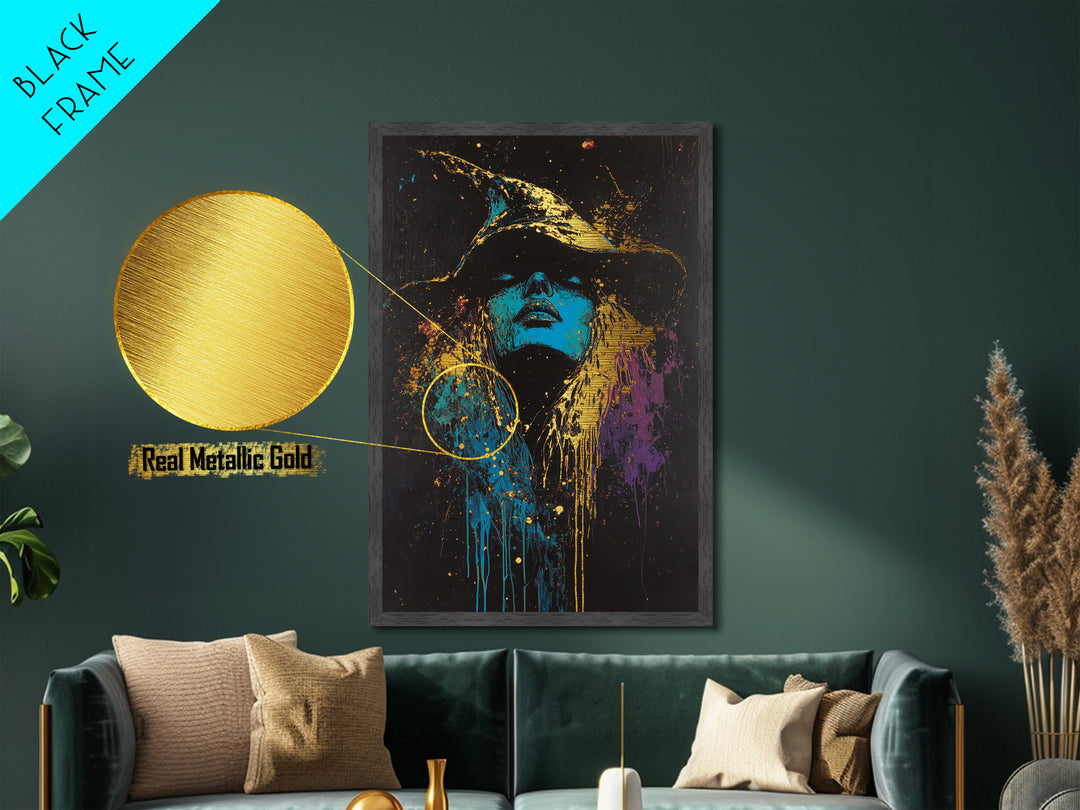 Witch Hat Gothic Glow Metallic Gold Art Metal Art Spooky Halloween Abstract Drip Painting Framed In Real Wood