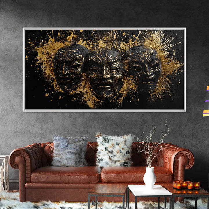 Tribal Drama Mask Gold Canvas Print, Abstract Splatter Art On Canvas, Real Wood Frame Wall Décor, Gothic Theater Artwork