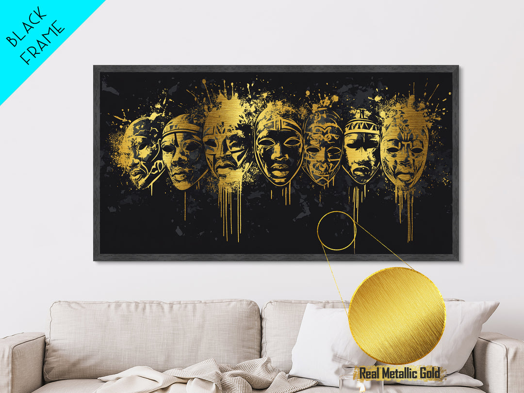 Intricate Regal Mask Metallic Gold Art, Ornate Splatter Metal Print, Real Wood Frame Wall Décor, Dramatic Statement Artwork