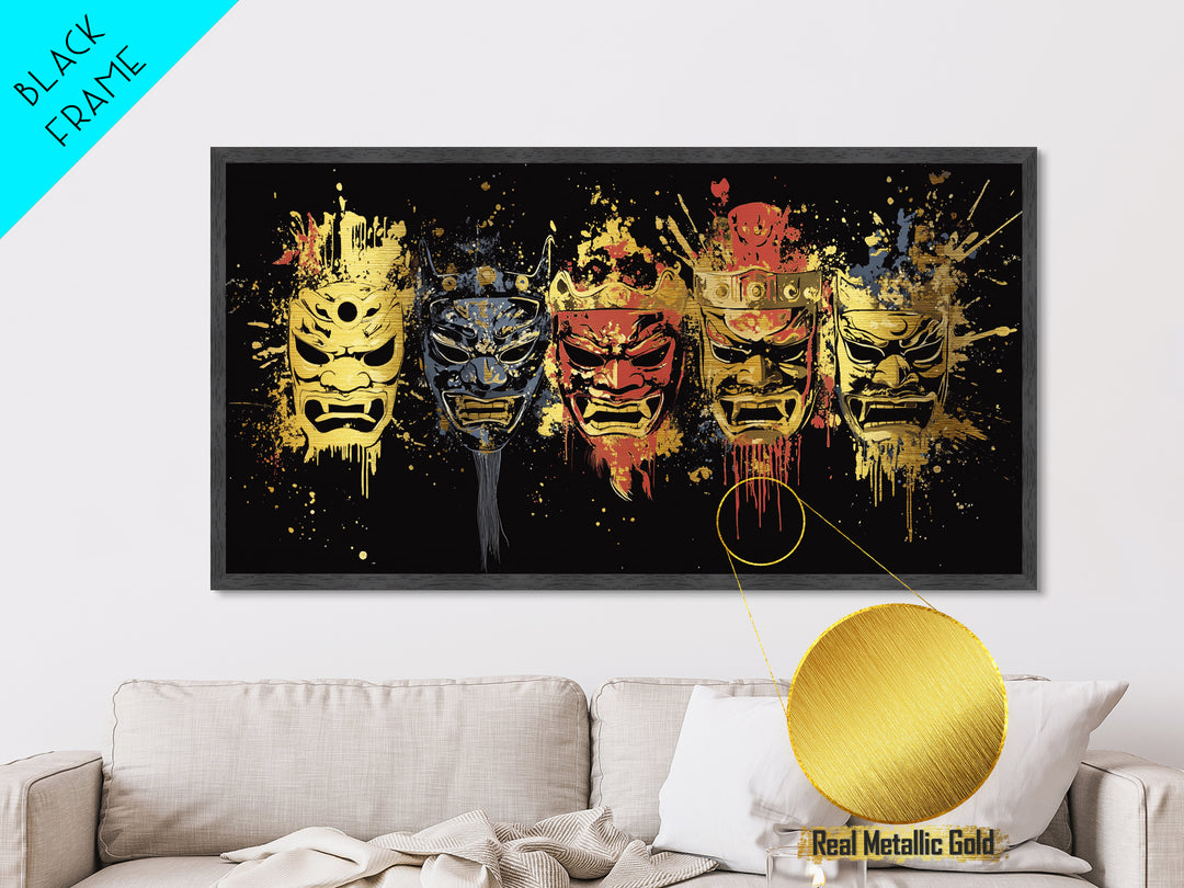 Tribal Mask Metallic Gold Art, Primitive Splatter Metal Print, Real Wood Frame Wall Décor, Ethnic Gothic Statement Artwork