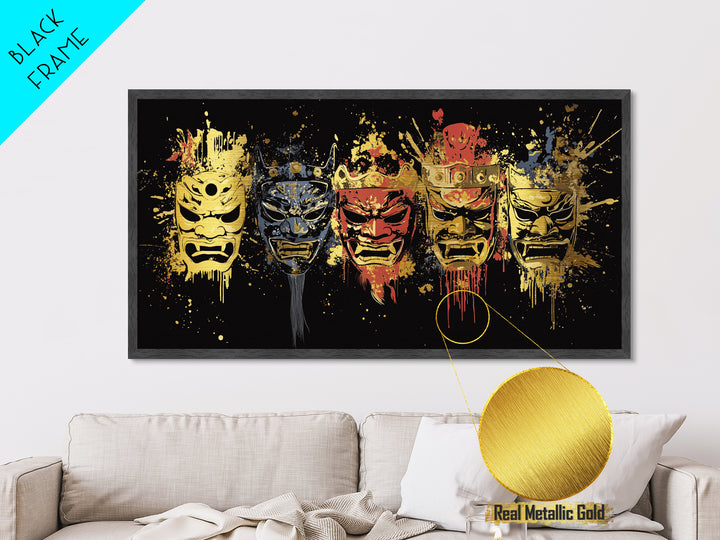 Tribal Mask Metallic Gold Art, Primitive Splatter Metal Print, Real Wood Frame Wall Décor, Ethnic Gothic Statement Artwork