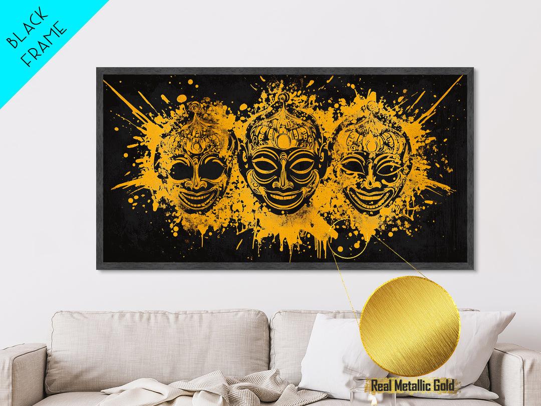 Ancient Warrior Mask Metallic Gold Art, Tribal Splatter Metal Print, Real Wood Frame Wall Décor, Bold Dramatic Statement Art