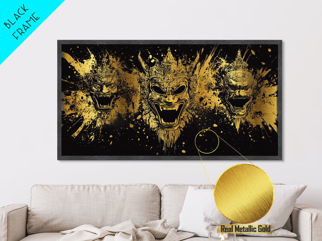 Royal Mask Metallic Gold Art, Splatter Metal Print With Ornate Details, Real Wood Frame Wall Décor, Dramatic Theater Artwork