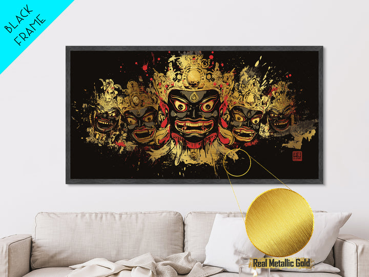African Tribal Mask Metallic Gold Art, Ethnic Splatter Metal Print, Real Wood Frame Wall Décor, Cultural Bold Statement Artwork
