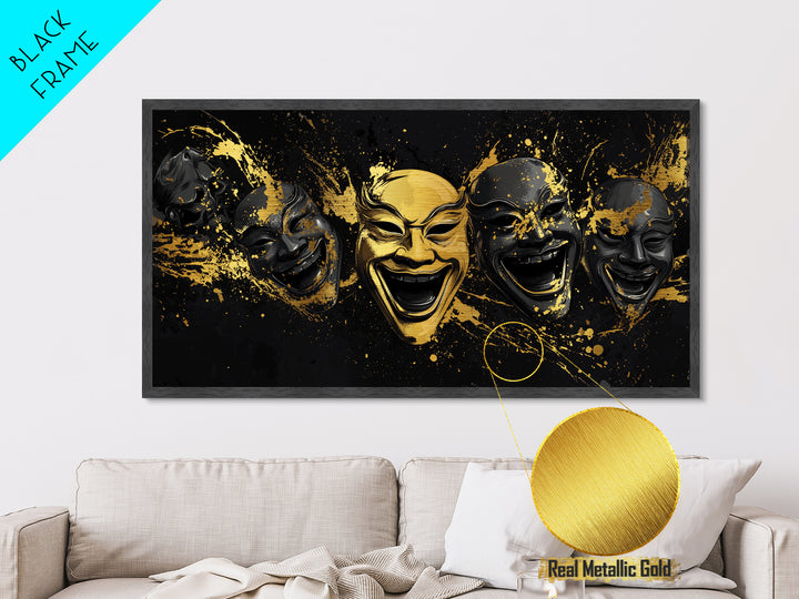 Fierce Demon Mask Metallic Gold Metal Print, Splatter Abstract Mask Art On Metal, Real Wood Frame Wall Décor, Bold Gothic Artwork