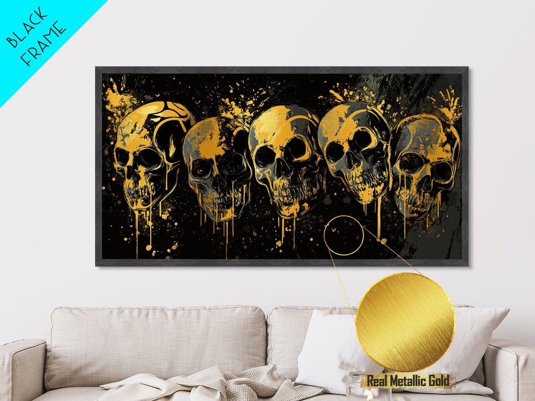 Dark Skull Mask Metallic Gold Metal Print, Splatter Gothic Art On Metal, Real Wood Frame Wall Décor, Macabre Dramatic Wall Artwork