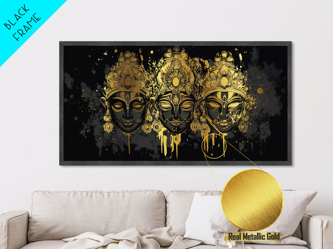 Ornate Demon Mask Metallic Gold Metal Print, Splatter Tribal Art On Metal, Real Wood Frame Wall Décor, Fierce Gothic Statement Artwork