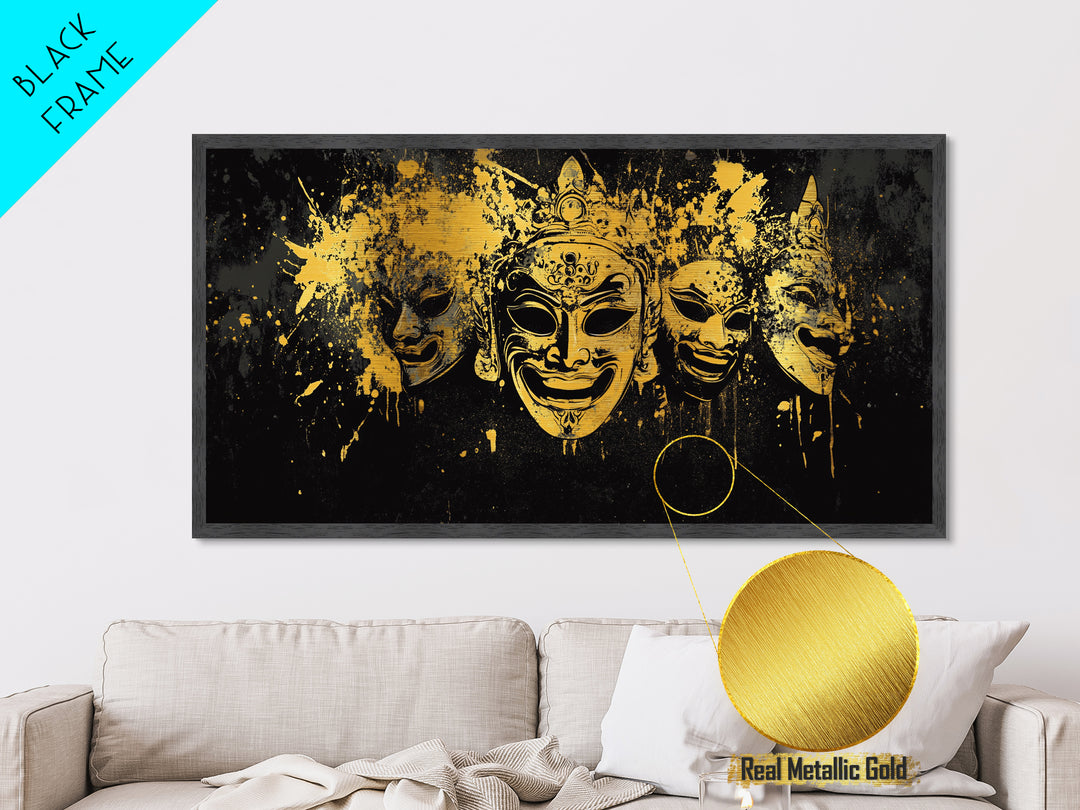 Regal Mask Set Metallic Gold Art, Splatter Tribal Demon Mask Metal Print, Real Wood Frame Wall Décor, Bold Fierce Statement Artwork