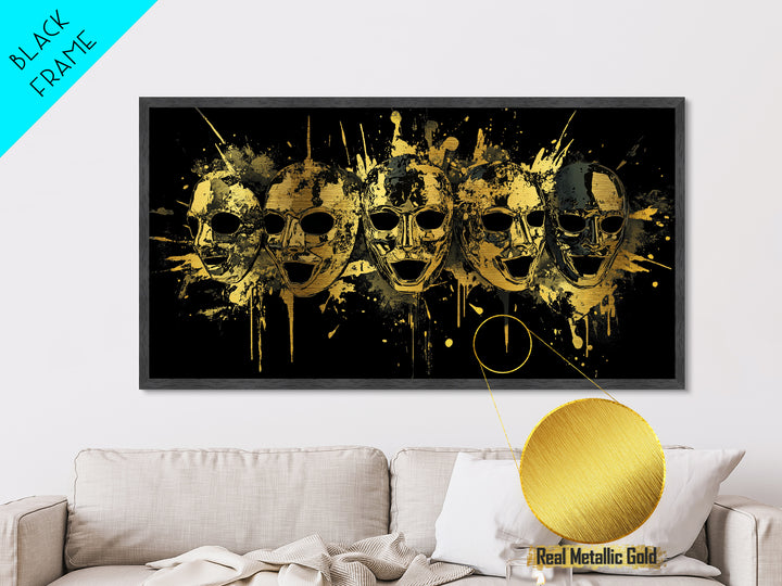 Theatrical Comedy Mask Metallic Gold Metal Print, Splatter Dramatic Art On Metal, Real Wood Frame Wall Décor, Gothic Statement Artwork