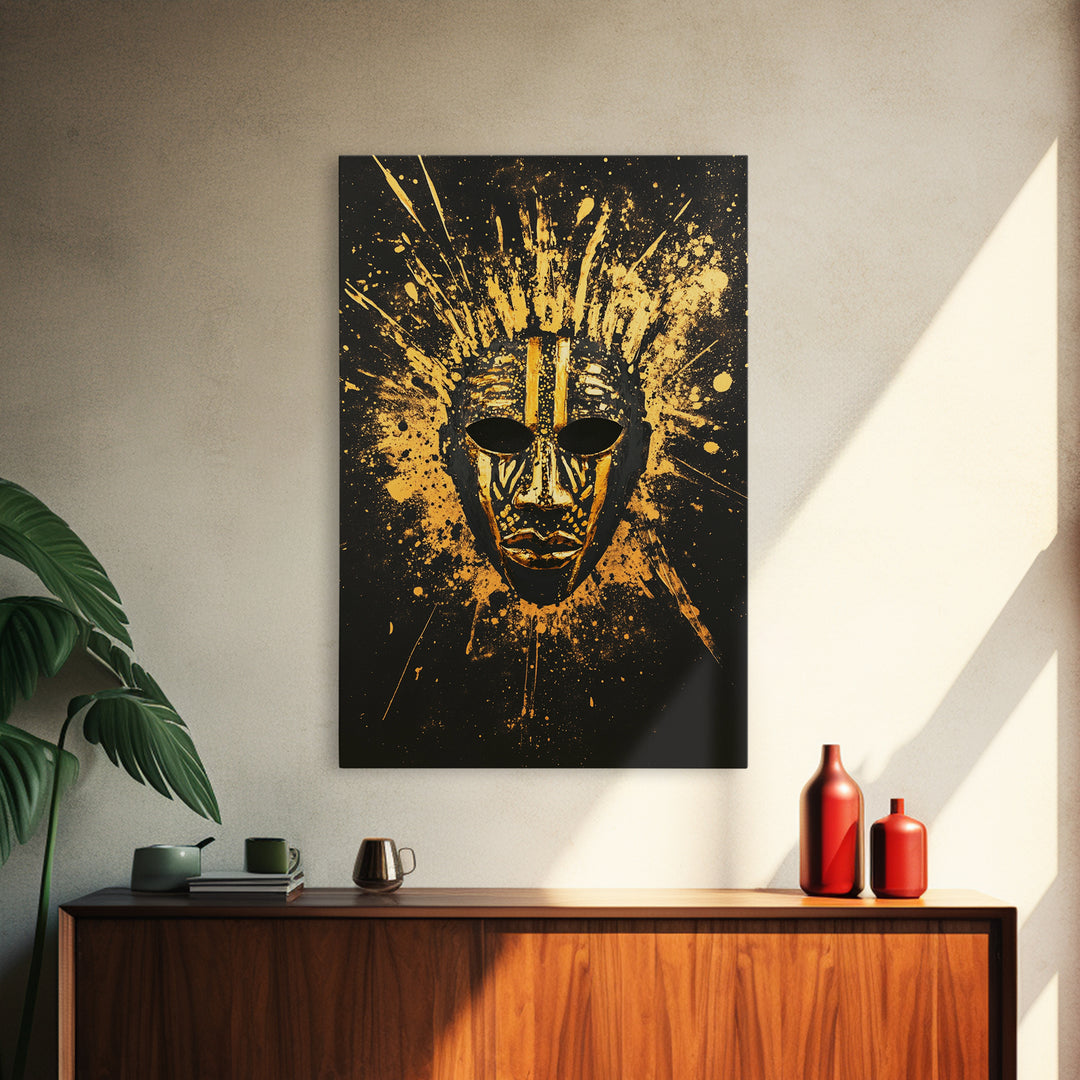 Ancient African Mask Gold Canvas Print, Bold Face Art, Ethnic Splatter Wall Decor, Real Wood Frame