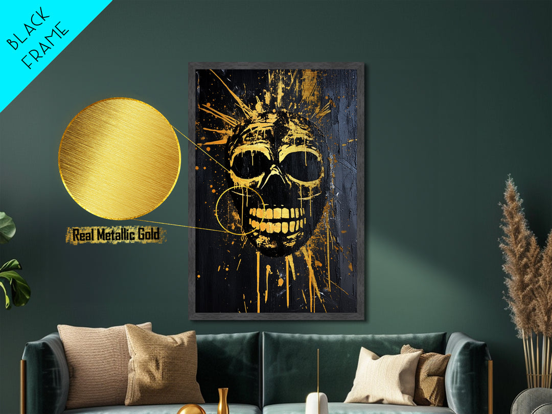 Golden Skull Mask Metallic Gold Metal Print, Dark Gothic Face Art, Horror Splatter Wall Decor, Real Wood Frame