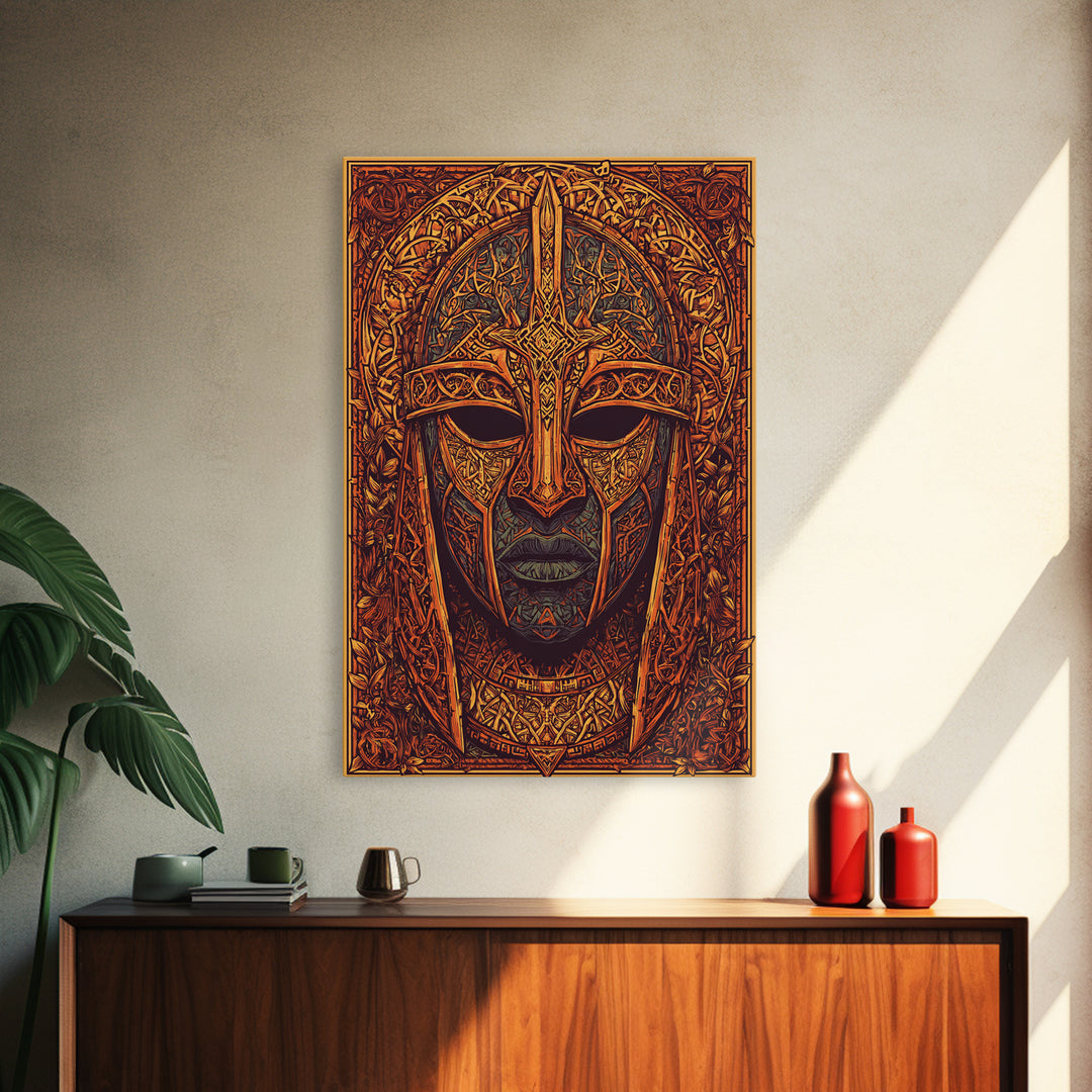 Celtic Warrior Mask Gold Canvas Print, Ornate Medieval Armor Face Art, Mythic Wall Decor, Real Wood Frame