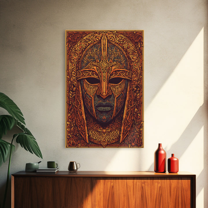 Celtic Warrior Mask Gold Canvas Print, Ornate Medieval Armor Face Art, Mythic Wall Decor, Real Wood Frame