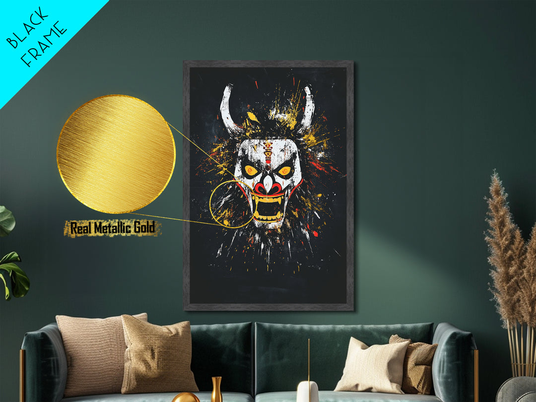 Fiery Demon Mask Metallic Gold Metal Print, Japanese Oni Face Art, Tribal Splatter Style Wall Decor, Real Wood Frame