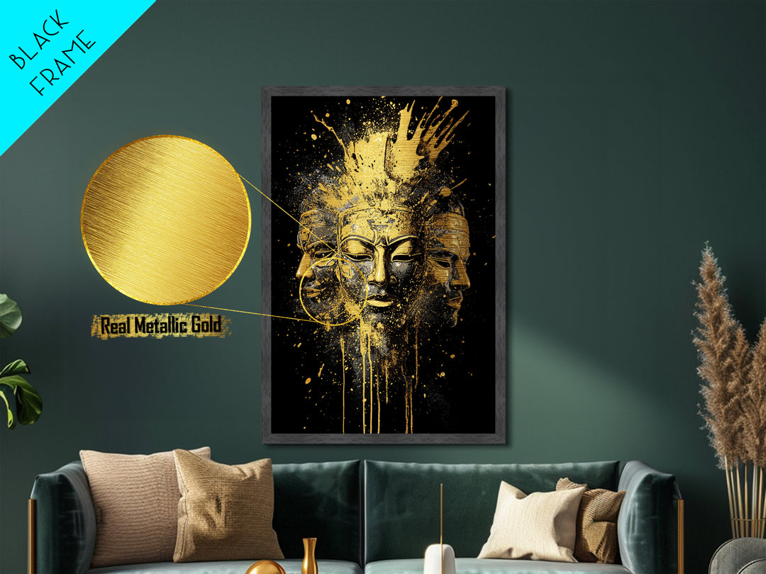 Three Faces Mask Metallic Gold Metal Print, Abstract Spiritual Face Art, Splatter Style Wall Decor, Real Wood Frame