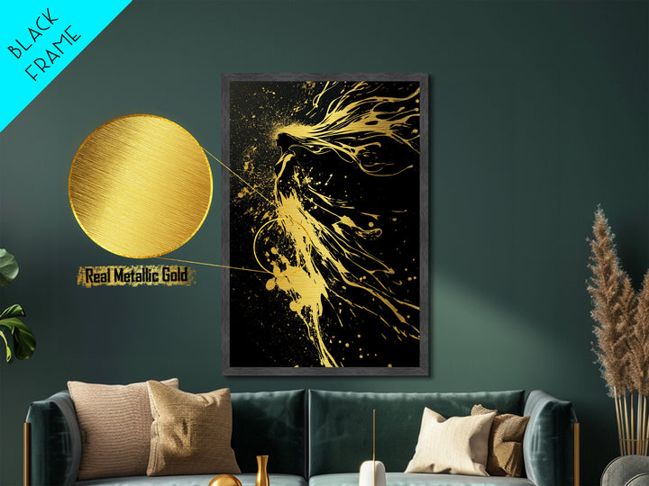 Golden Spirit Woman Metallic Gold Art, Flowing Abstract Female Silhouette, Modern Splatter Wall Decor, Real Wood Frame