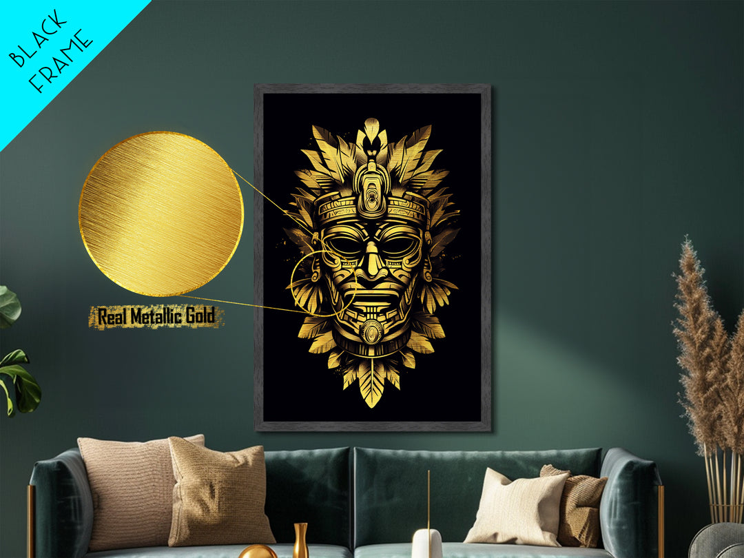 Ancient Aztec God Metallic Gold Metal Print, Ornate Tribal Face Artwork, Ethnic Mythic Wall Decor, Real Wood Frame
