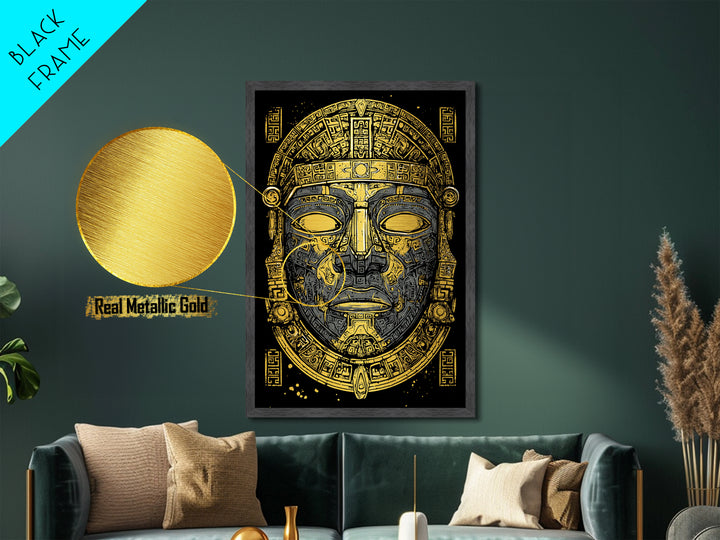 Aztec Warrior Sun Mask Metallic Gold Metal Print, Ornate Tribal Face Artwork, Ancient Ethnic Wall Decor, Real Wood Frame