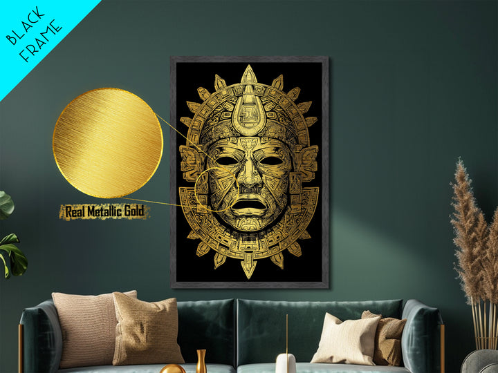 Aztec Deity Mask Metallic Gold Metal Print, Ornate Tribal Face Artwork, Ancient Cultural Wall Hanging, Real Wood Frame