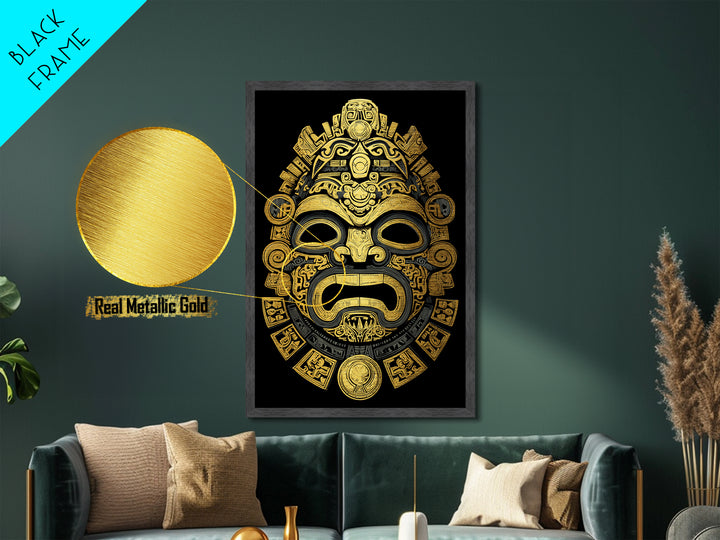 Aztec Feathered God Mask Metallic Gold Metal Print, Ornate Tribal Face Artwork, Ancient Ethnic Wall Decor, Real Wood Frame