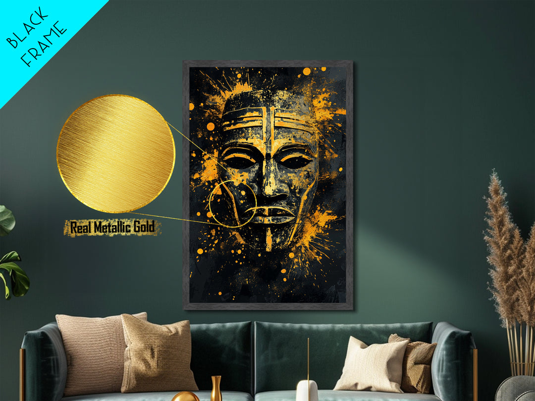 Bakongo Ritual Mask Metallic Gold Metal Print, African Ethnic Face Art, Spiritual Tribal Wall Hanging Decor, Real Wood Frame