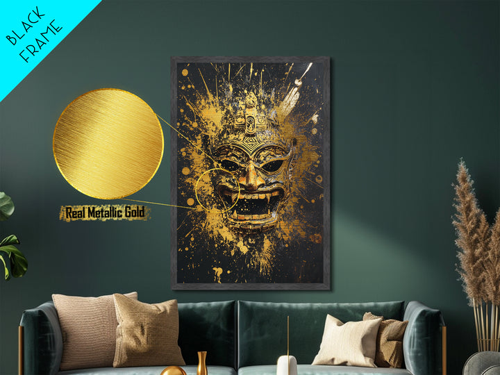 Balinese Demon Mask Metallic Gold Metal Print, Ornate Tribal Face Art, Mythical Splatter Style Wall Decor, Real Wood Frame