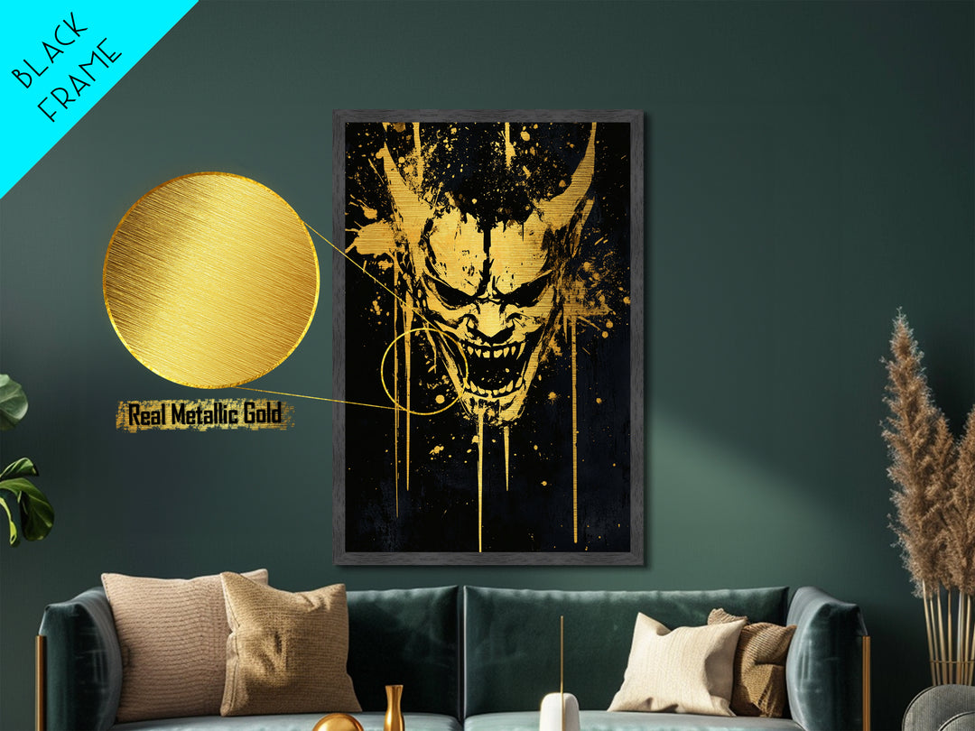 Demonic Splatter Mask Metallic Gold Metal Print, Fierce Abstract Face Art, Bold Horror Inspired Wall Decor, Real Wood Frame