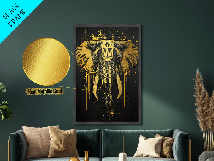 Royal Elephant Metallic Gold Metal Print, Splatter Style Tribal Artwork, Majestic Animal Wall Decor, Real Wood Frame